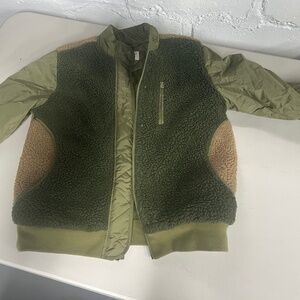 Green and tan sherpa and puffer jacket